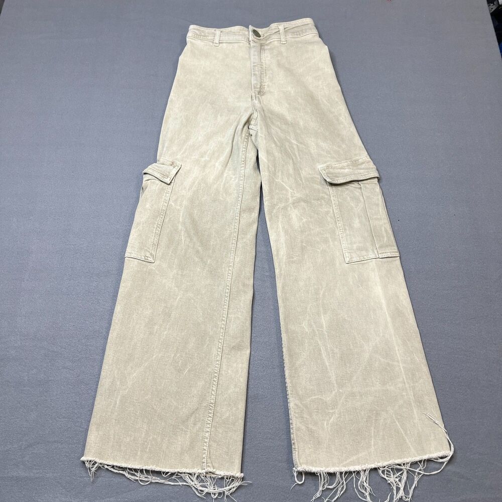 Zara Cargo Jeans Womens Size 2 Beige High-Rise Light Wash Distressed Relaxed-Fit